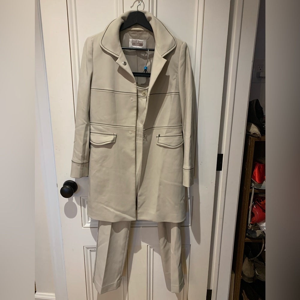 gorgeous cream suit (trousers and jacket) with navy stitching size 6